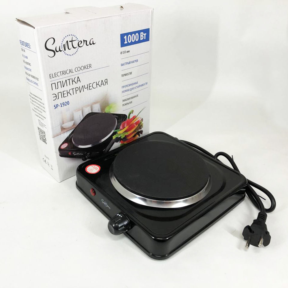 Плита електрична Suntera SP-1920, електроплита для дачі, електроплита 1000Вт Black