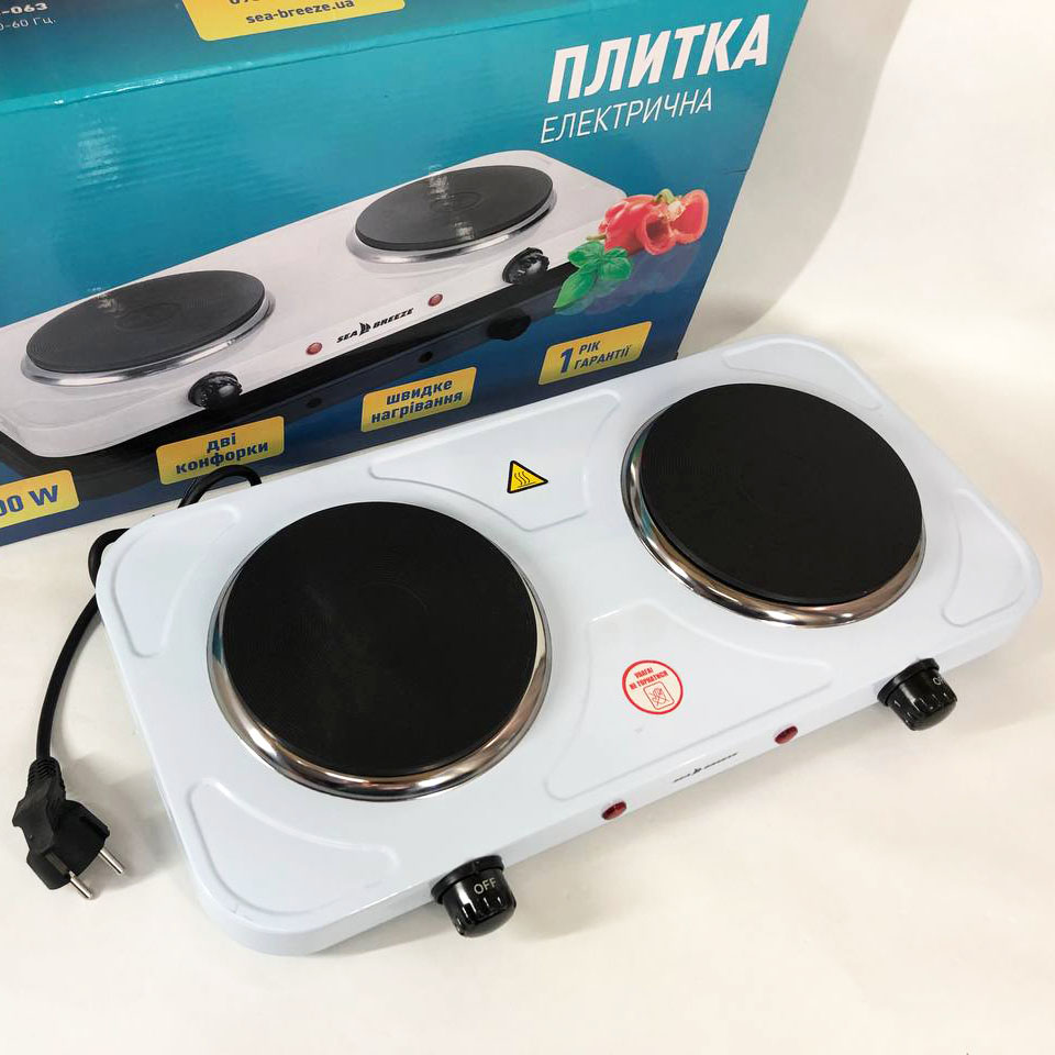 Настільна плита електрична Sea Breeze SB-063, подвійна електроплита, двокомфорочна White