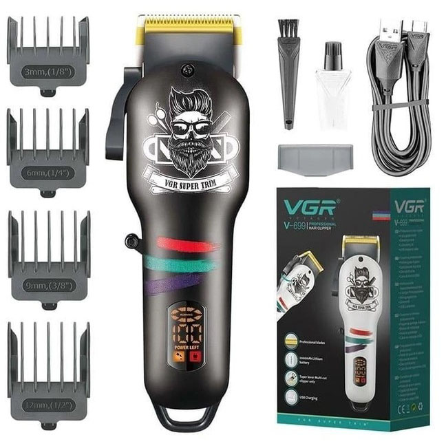 Машинка для стрижки волосся та бороди професійна VGR V-699 з насадками та LED дисплеєм. Колір: чорний