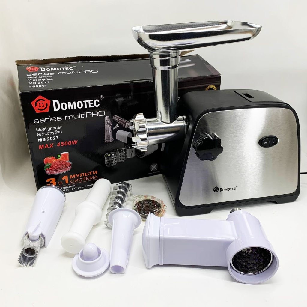 Електрична м'ясорубка Domotec MS-2027 4500 Вт з насадкою для томатів, ковбас та терками