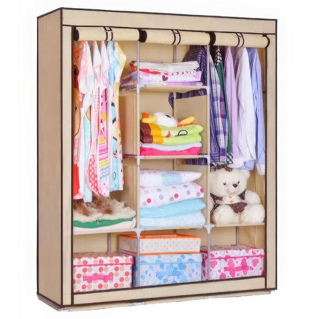 Шафа тканинна 3 секції складана з каркасом STORAGE WARDROBE 175 х 130 х 45 см Beige