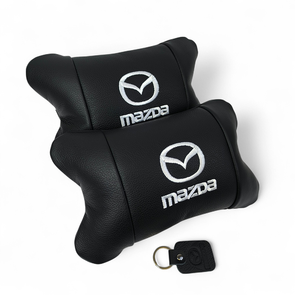 Набір шкіряних подушок Mazda з вишивкою логотипу + подарунок – шкіряний брелок