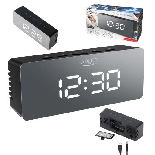 Настільний годинник-будильник Adler AD 1189 Black з термометром, LED-підсвіткою та USB-живленням