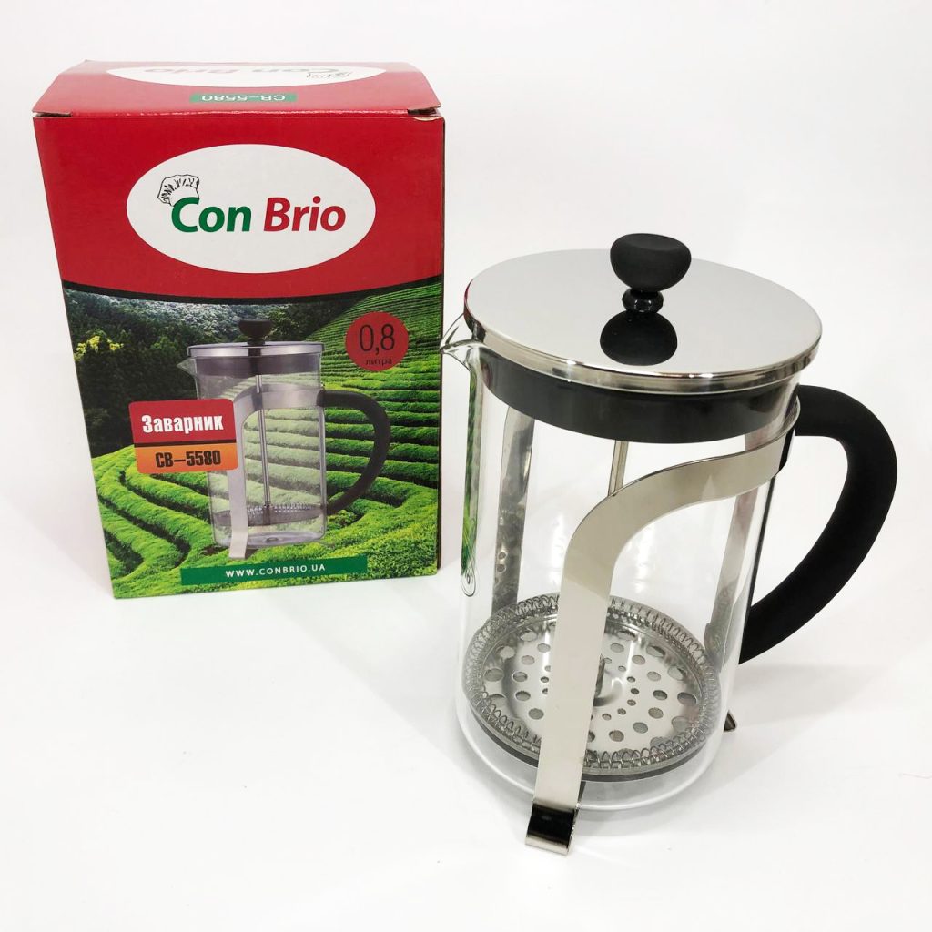 Френч-прес Con Brio CB-5580 0.8 л, Стильний скляний чайник для заварювання, Заварний скляний чайник