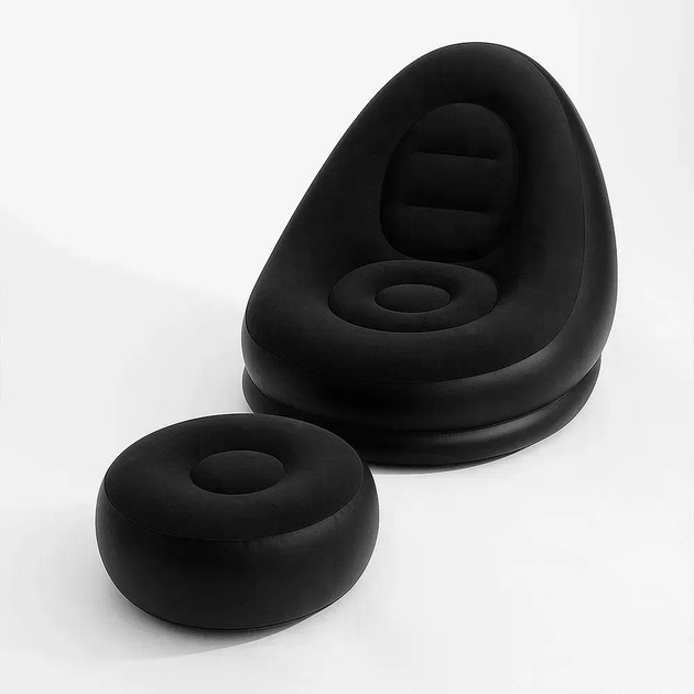 Надувное кресло с пуфом для отдыха AIR SOFA велюровое Black