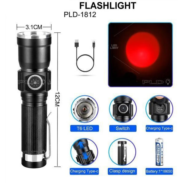 Ручний ліхтар PLD-1812-T6 (red) 1x18650, Водонепроникний ліхтар, Потужний акумуляторний лед ліхтарик